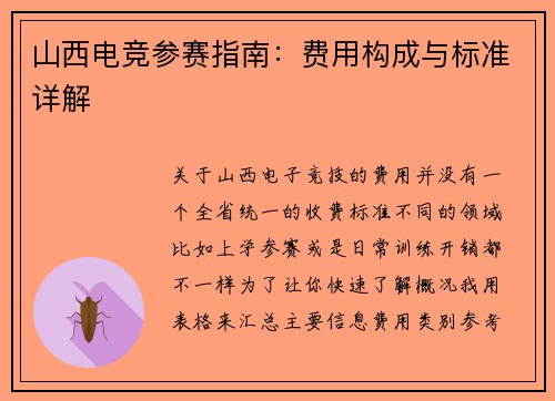 山西电竞参赛指南：费用构成与标准详解